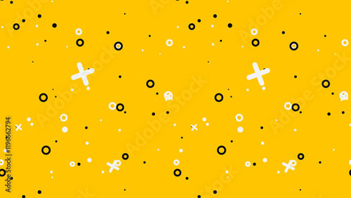 A playful abstract pattern featuring black and white circles and X-shapes scattered on a bright yellow background. Modern and cheerful design photo