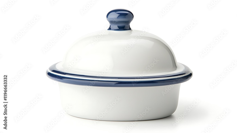 A classic ceramic butter dish with a blue rim and knob lid, designed to keep butter fresh and easily accessible for serving. A classic ceramic butter dish with a blue rim and knob lid, designed to keep butter fresh and easily accessible for serving.