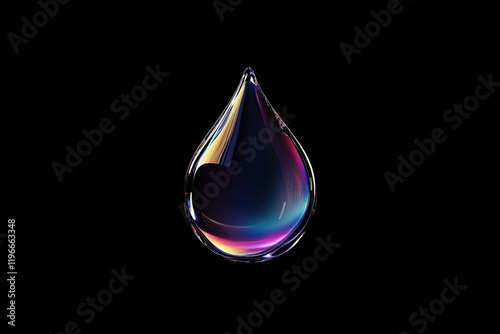 A single iridescent teardrop against a black background