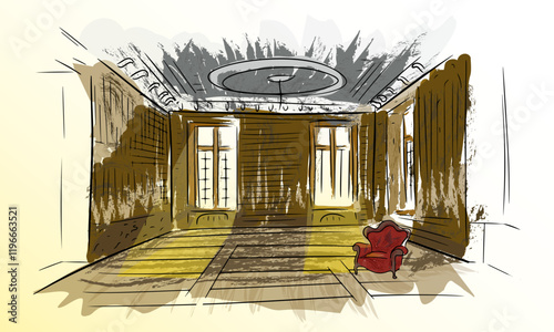 A room in an abandoned house with a red armchair.