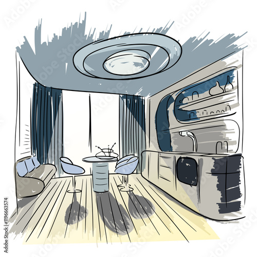 Kitchen interior concept. A linear sketch painted with careless strokes.