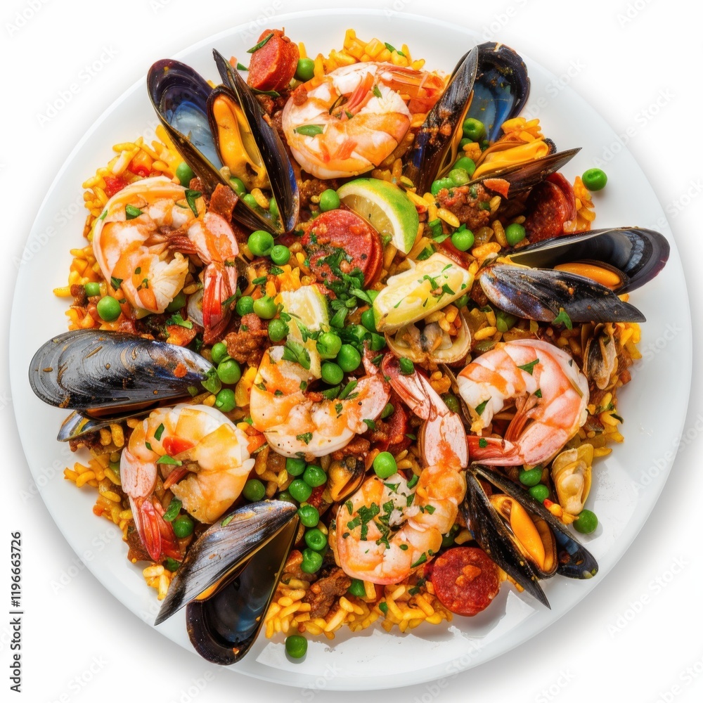 A plate of seafood paella with shrimp, mussels, and chorizo A plate of seafood paella with shrimp, mussels, and chorizo