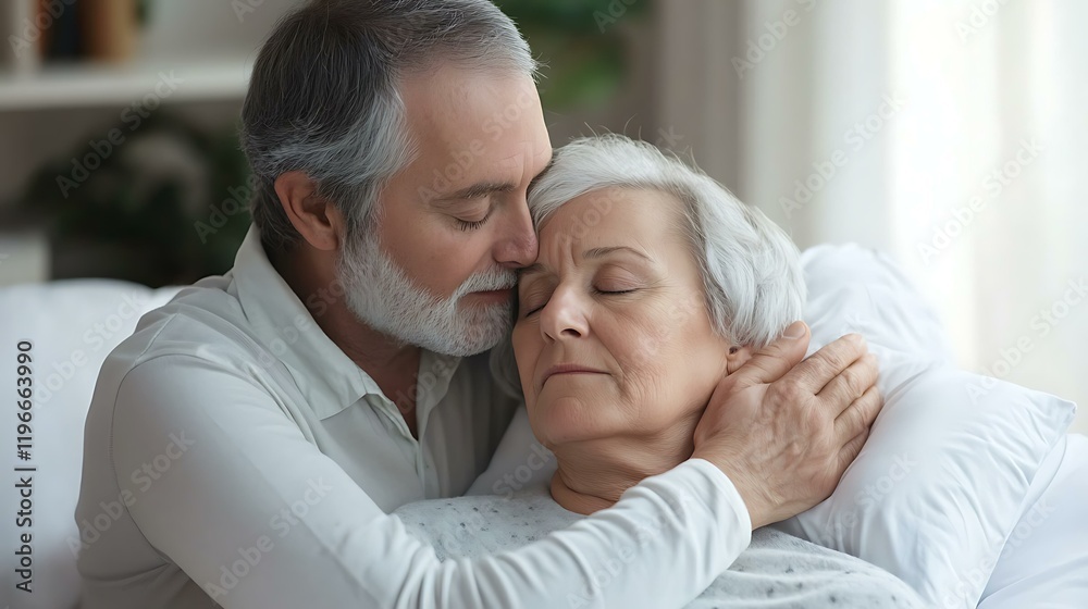 Fototapeta premium A worried spouse gently adjusting their partnerâ€™s head on a pillow for better comfort