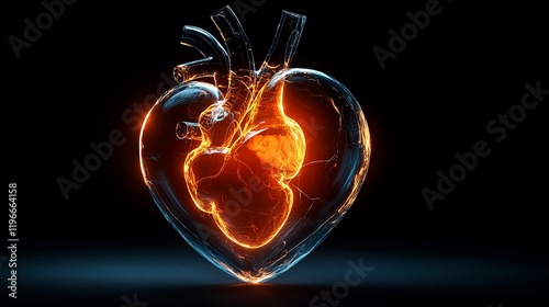 Clogged Blood Vessel concept. Glowing heart shape with a vibrant core and dynamic energy effects. photo