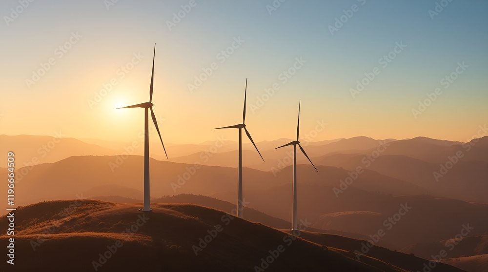 Wind Turbine, Wind turbines silhouetted against sunset in mountain landscape Wind Turbine, Wind turbines silhouetted against sunset in mountain landscape