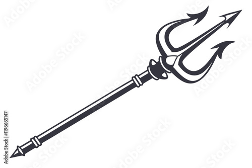 Black trident silhouette, mythological weapon, sharp points, symmetrical design, minimalist icon, ancient symbol, Neptune's spear, dark contrast, vector graphic, simple shape, divine power, oceanic em