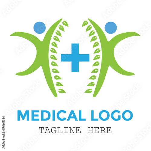 Natural healthy medical leaf green and blue with medical sign logo design
