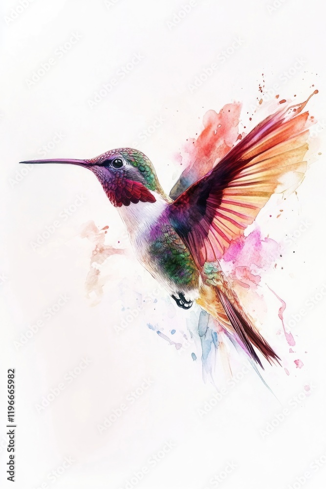 Fototapeta premium A vibrant, multicolored hummingbird illustration with a splash of watercolor-like background.