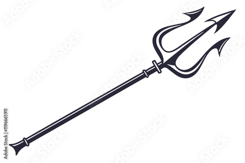 Black trident silhouette, mythological weapon, sharp points, symmetrical design, minimalist icon, ancient symbol, Neptune's spear, dark contrast, vector graphic, simple shape, divine power, oceanic em