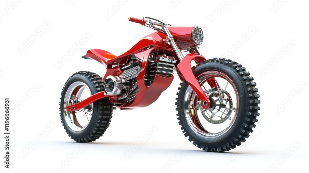 Red futuristic off-road motorcycle design with large tires isolated on white background. Red futuristic off-road motorcycle design with large tires isolated on white background.