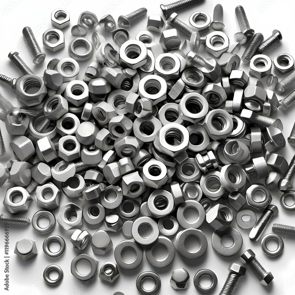Modern bolts, nuts, and small washers of various types arranged randomly over white. Generative AI Modern bolts, nuts, and small washers of various types arranged randomly over white. Generative AI