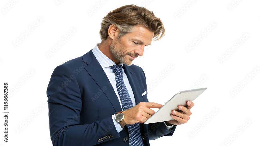 Handsome Businessman Using a Tablet and Working, Isolated on a Transparent Background Handsome Businessman Using a Tablet and Working, Isolated on a Transparent Background