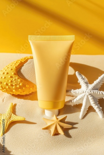 Sunless tanner with a tropical beach theme. Yellow cream on yellow sand surrounded by coconuts, shells and starfish.