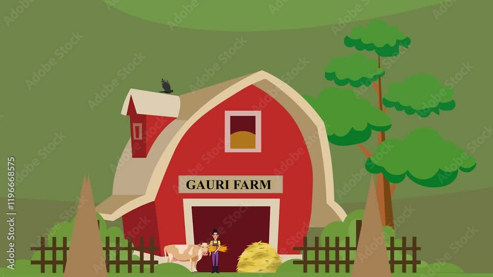 farm house with red barn and cow farm house with red barn and cow