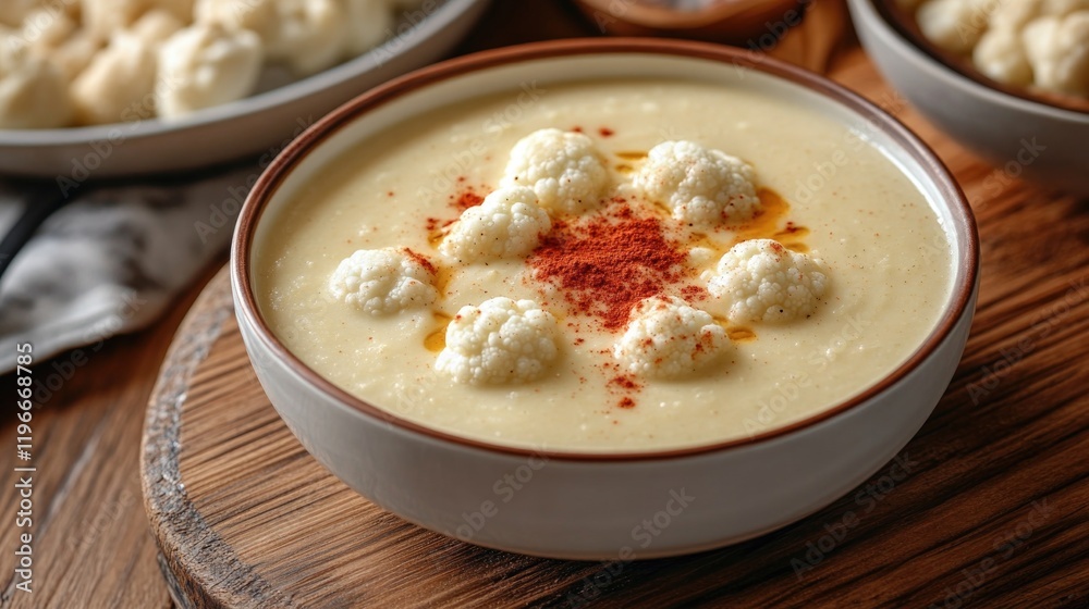 Creamy soup garnished with spices, served in rustic bowl, evokes Creamy soup garnished with spices, served in rustic bowl, evokes