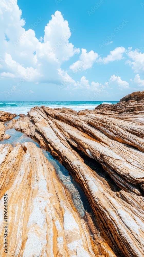 A scenic view of striped rock formations along a coastline under a bright blue sky with fluffy clouds. A scenic view of striped rock formations along a coastline under a bright blue sky with fluffy clouds.