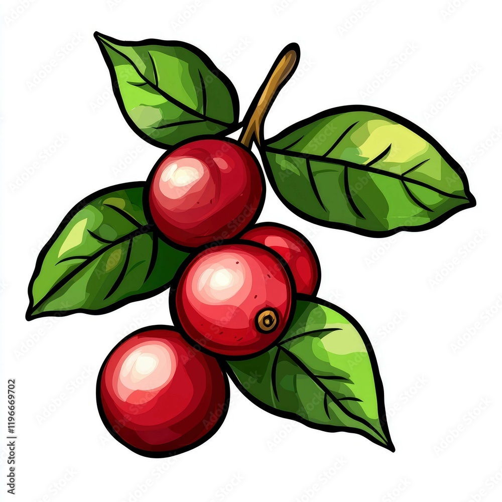 Vibrant Red Berries with Lush Green Leaves: A Botanical Illustration Vibrant Red Berries with Lush Green Leaves: A Botanical Illustration