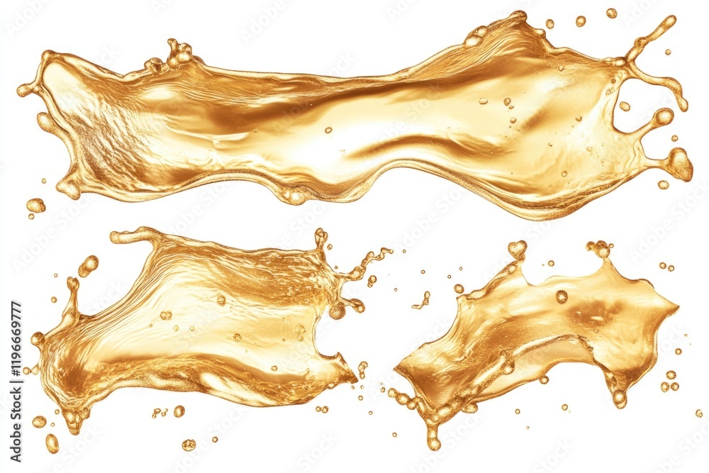 Fototapeta premium Three splashes of yellow liquid on a white background. The splashes are of different sizes and shapes, creating a dynamic and energetic composition. The yellow liquid appears to be a splash of paint