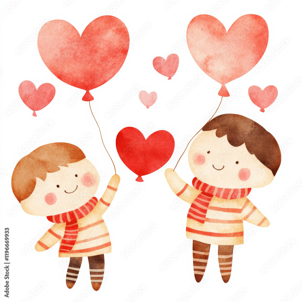 Two children holding red heart balloons, smiling joyfully. playful scene features warm color palette with hearts floating around, perfect for expressing love and friendship Two children holding red heart balloons, smiling joyfully. playful scene features warm color palette with hearts floating around, perfect for expressing love and friendship