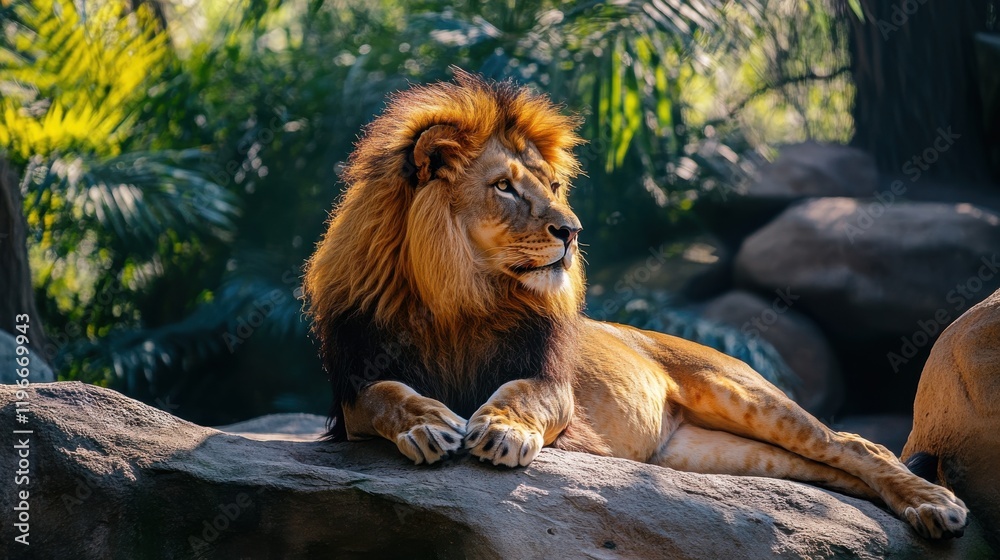 Naklejka premium Majestic lion resting on a rock, bathed in sunlight.