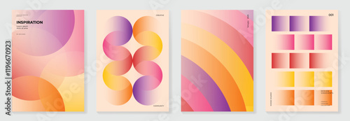 Collection of 70s color gradient poster background vector. Set of retro wall decoration, groovy, trippy, geometric shape. Vintage hippie wall art for interior, decorative, banner, cover, card.