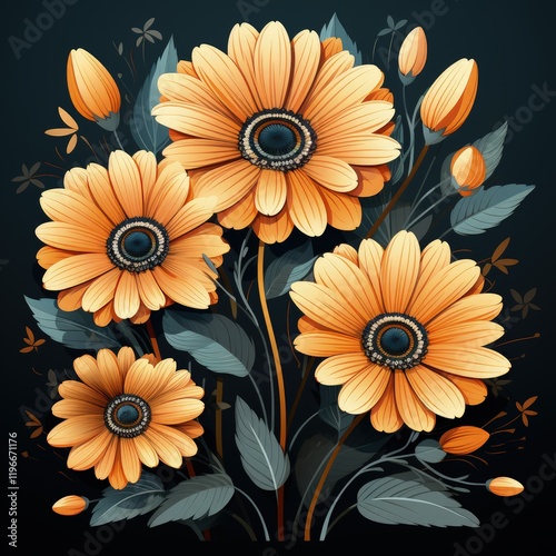 Wallpaper Mural Contemporary Gerbera Design with Dark Palette in Flat Style Torontodigital.ca