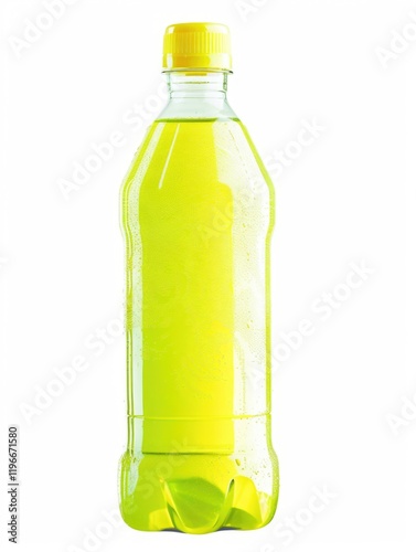 Bottle of yellow liquid with a yellow cap. The bottle is on a white background