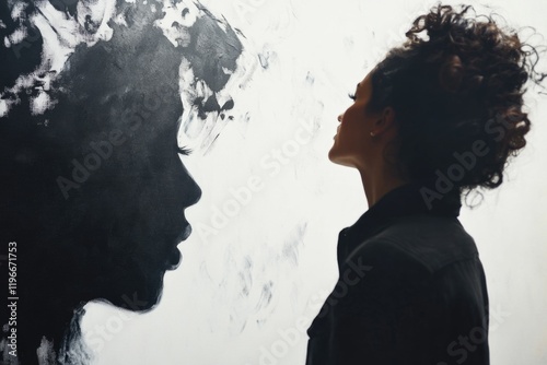 A woman stands before a modern mixed media painting, capturing the silhouette of an abstract face. The dark background contrasts with the colorful face portrait, evoking emotions and contemplation. photo