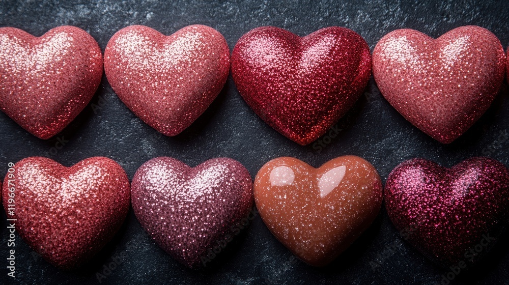 Fototapeta premium Glittery hearts arranged on dark stone, Valentine's Day, romantic backdrop, greeting card