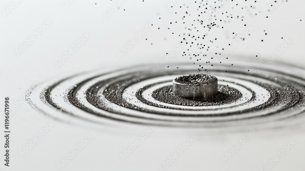 Iron filings forming circular patterns around a bar magnet on white surface, illustrating magnetic field lines and scientific principles of magnetism. Iron filings forming circular patterns around a bar magnet on white surface, illustrating magnetic field lines and scientific principles of magnetism.