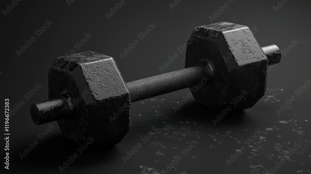 A 3D hexagonal-shaped dumbbell, dark matte finish, placed against a black background with diffused light from the top
