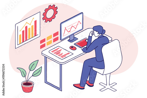 business analyst, data visualization, office workspace, computer monitor with charts, graphs, statistics, blue outfit, office chair, minimalist desk, potted plant, floating infographics, clean design,