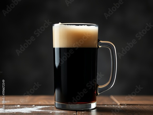 an image of a glass of beer on a wooden table. photo