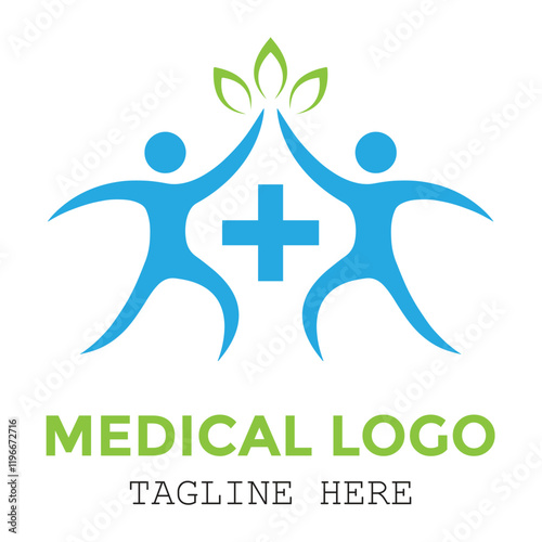 Plus medical care with two people hand care leaf modern unique stylish logo design