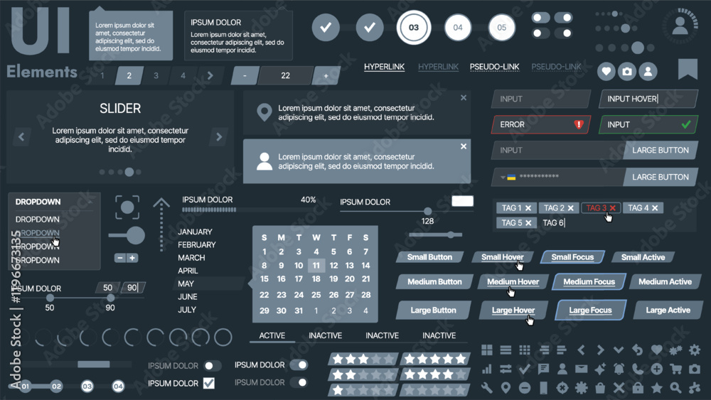 Fototapeta premium A modern UI kit featuring a collection of buttons, icons, navigation menus, and responsive design elements. Includes login forms, media players, search bars, and calendars, ideal for apps, websites