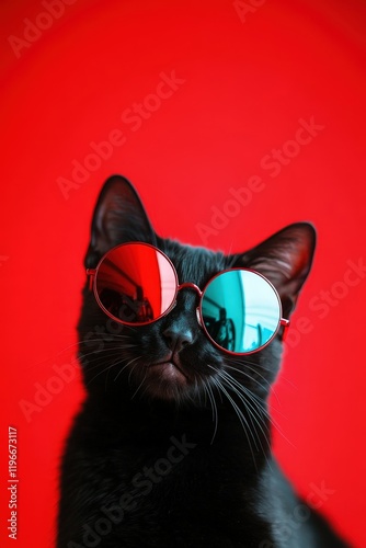 Black cat wearing colorful sunglasses with red background, playful pet portrait, trendy fashion for animals, unique photo for animal lovers and social media.