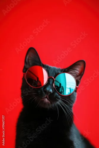 Fototapeta Black cat wearing colorful sunglasses with red background, playful pet portrait, trendy fashion for animals, unique photo for animal lovers and social media.