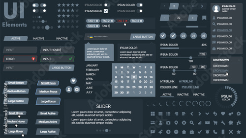 A modern UI kit featuring a collection of buttons, icons, navigation menus, and responsive design elements. Includes login forms, media players, search bars, and calendars, ideal for apps, websites