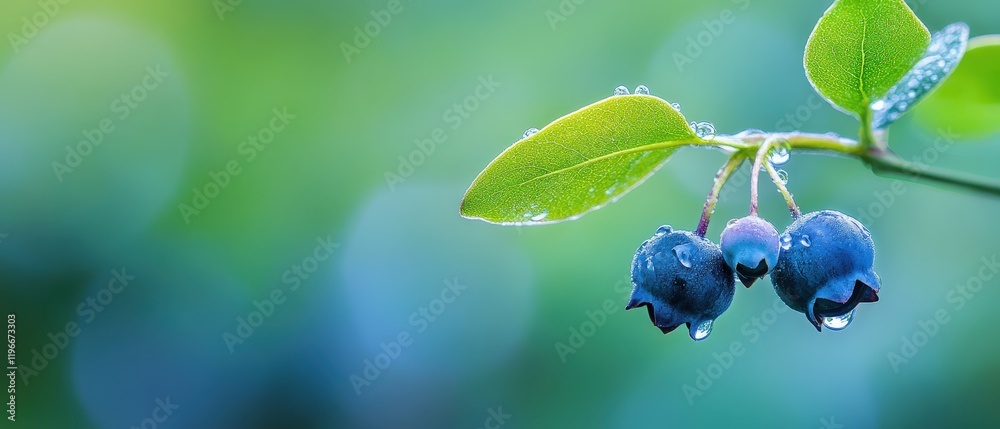 Blueberries growing on plant with dew drops, fresh organic berries on green leaves, healthy food concept for smoothies, desserts, and natural antioxidants. Blueberries growing on plant with dew drops, fresh organic berries on green leaves, healthy food concept for smoothies, desserts, and natural antioxidants.