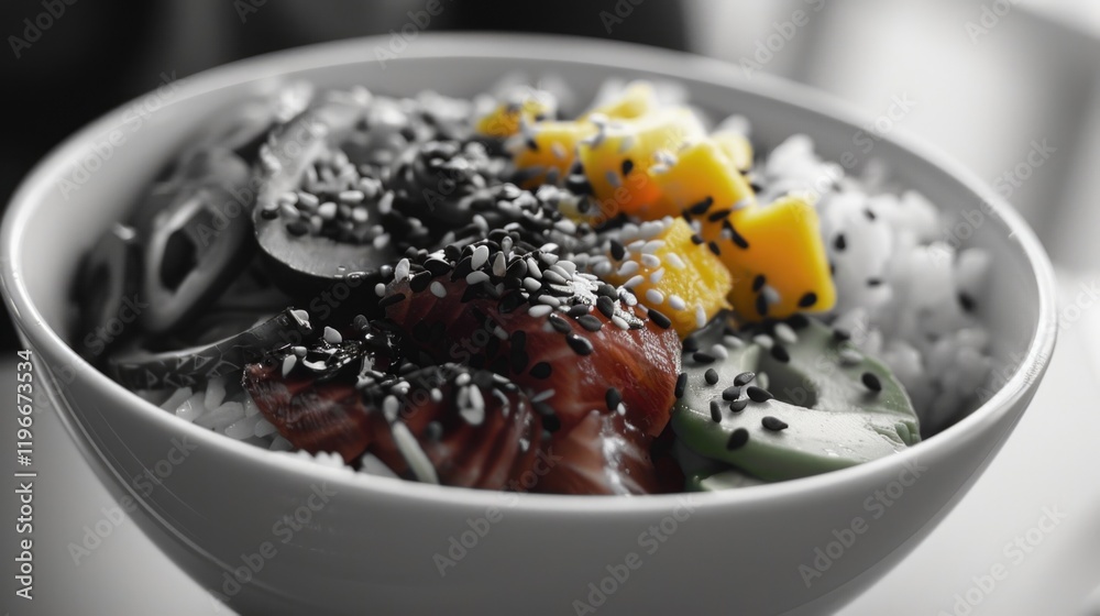 Delicious Asian-style meal in a white bowl, featuring rice, vegetables, spices and seaweed. A nourishing and visually appealing dish. Ready to be enjoyed. Delicious Asian-style meal in a white bowl, featuring rice, vegetables, spices and seaweed. A nourishing and visually appealing dish. Ready to be enjoyed.