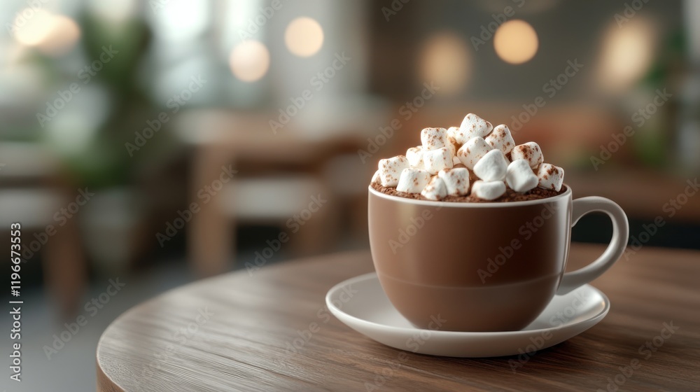 Hot chocolate with marshmallows in a brown cup on a wooden table in a cafe. Hot chocolate with marshmallows in a brown cup on a wooden table in a cafe.