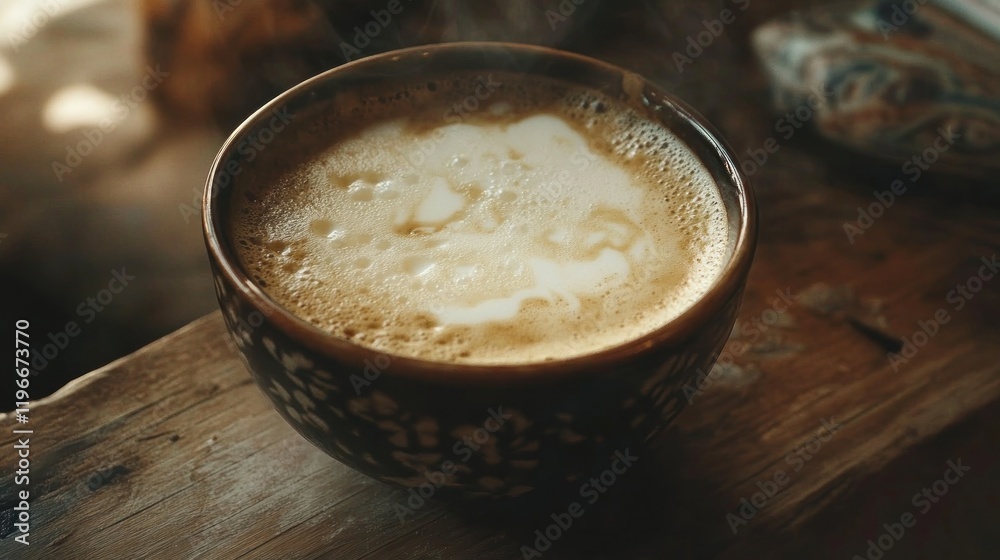 Steaming latte art in a dark brown bowl on a rustic wooden surface. Steaming latte art in a dark brown bowl on a rustic wooden surface.