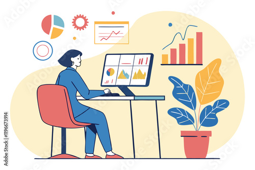 business analyst, data visualization, office workspace, computer monitor with charts, graphs, statistics, blue outfit, office chair, minimalist desk, potted plant, floating infographics, clean design,