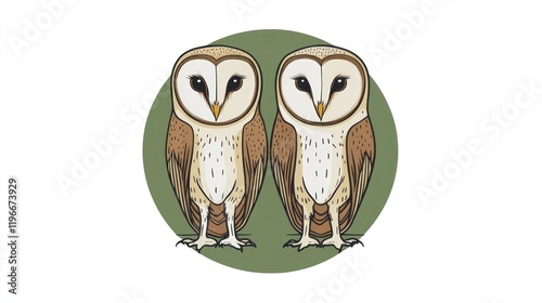 Two barn owls side-by-side, illustration, nature, wildlife, green background, for educational use photo