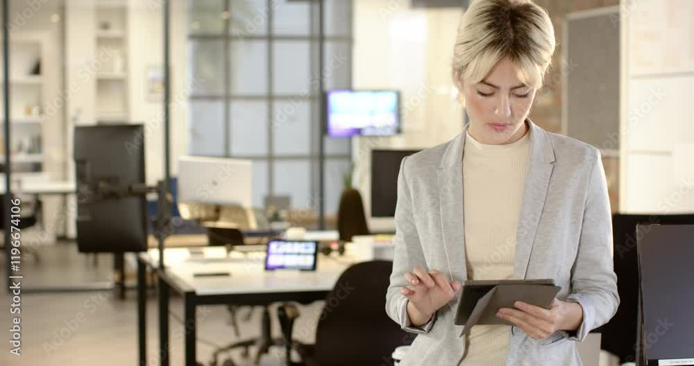 Using tablet, businesswoman working in modern office, focusing on tasks