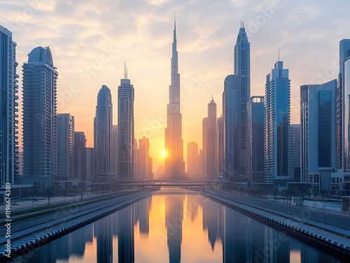 Sunrise over Dubai skyline, reflecting in canal, cityscape. Use Travel, real estate photo