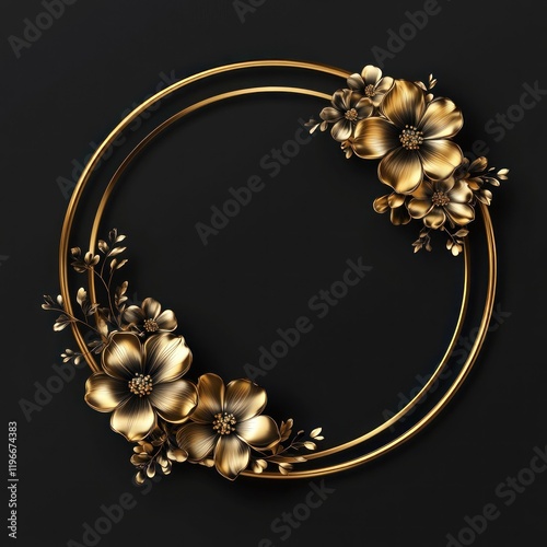Golden floral frame on black background; elegant design for invitations