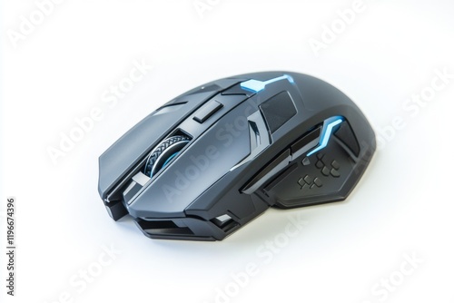 A blue and black gaming mouse with illuminated logo.