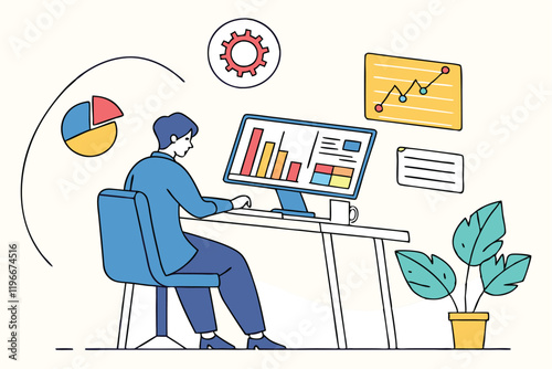 business analyst, data visualization, office workspace, computer monitor with charts, graphs, statistics, blue outfit, office chair, minimalist desk, potted plant, floating infographics, clean design,