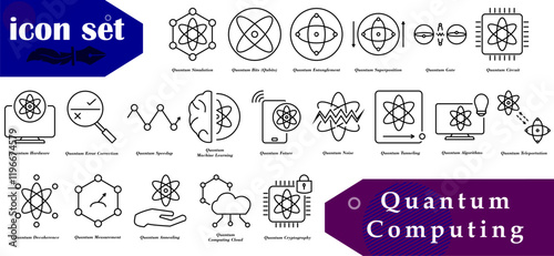 Quantum Computing icon set designed to depict quantum technology, quantum mechanics, and modern computing applications.